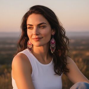 Pink Thread Boho Beaded Dangle Earrings, Multicolor Fringe Festival jewelry